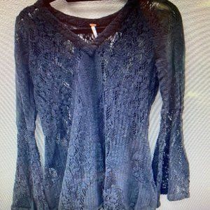 Free People Black Bell Sleeve Ruffle Lace Crochet
